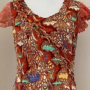 Alberto Makali NWOT Artsy Asian Print Crinkle Top